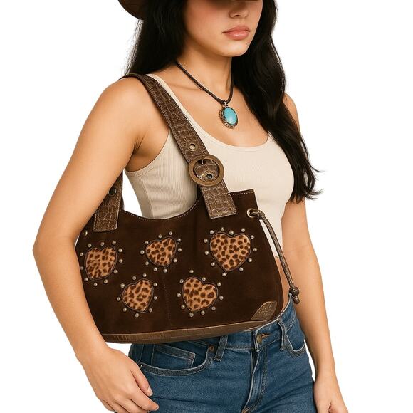 Lucidity Y2K Leopard Heart Suede Rhinestone Shoulder Bag 🤎✨ - Picture 3 of 8